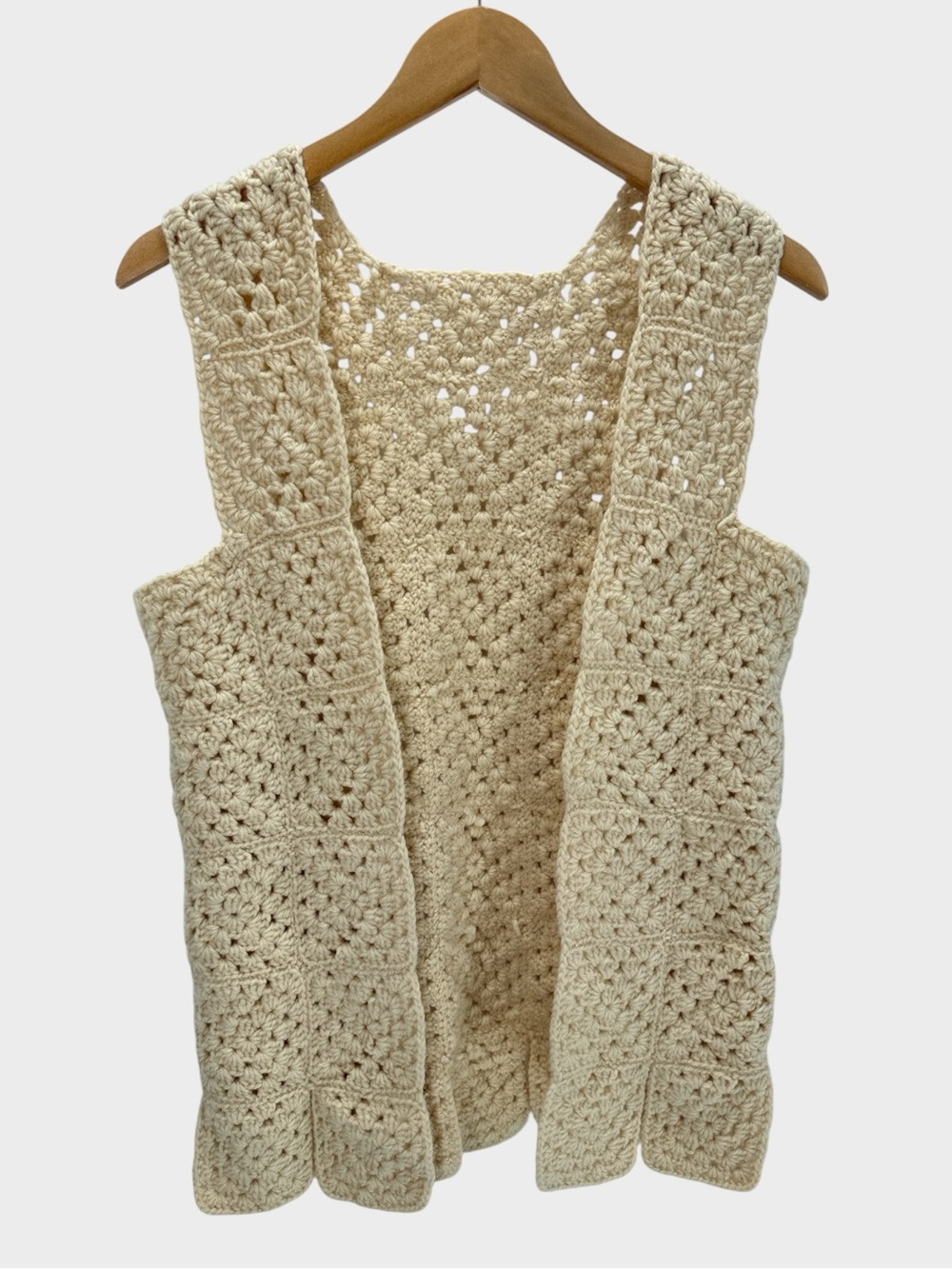 Handmade Granny Square Crochet Vest Cream Open Front Boho Festival Cottagecore S